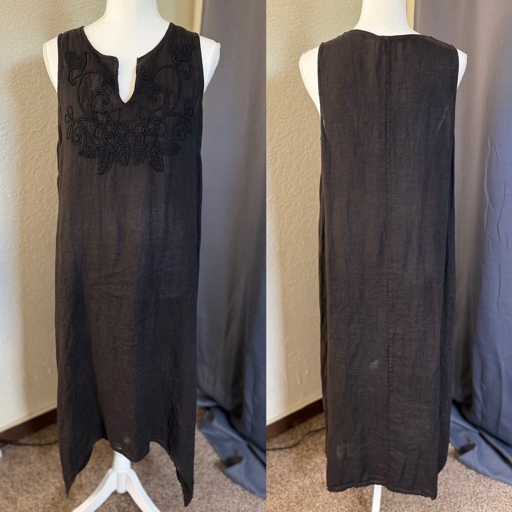 Tempo Paris Black 100% Linen Embroidered V-Neck Dress Style 2031A Italy NWT Med
